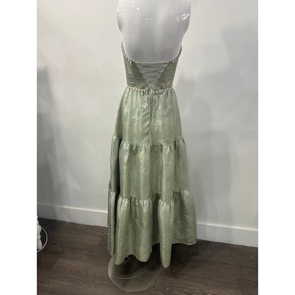 V. Chapman The Vivian Pearl Studded Slit Maxi Dress Sage Windsor Brocade Size 0 - Picture 4 of 9